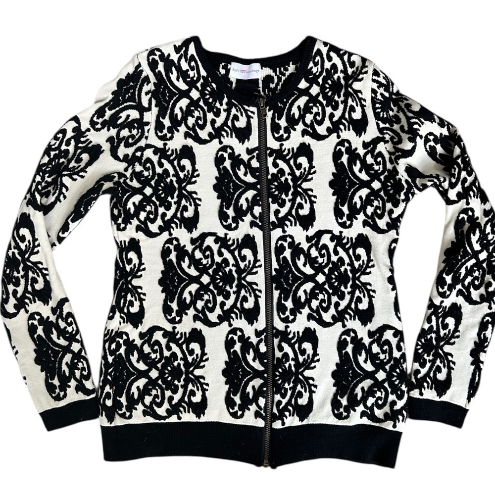 Soft Surroundings Women’s Zip Up Black and Off White Cardigan Sweater Size Large - Picture 3 of 9